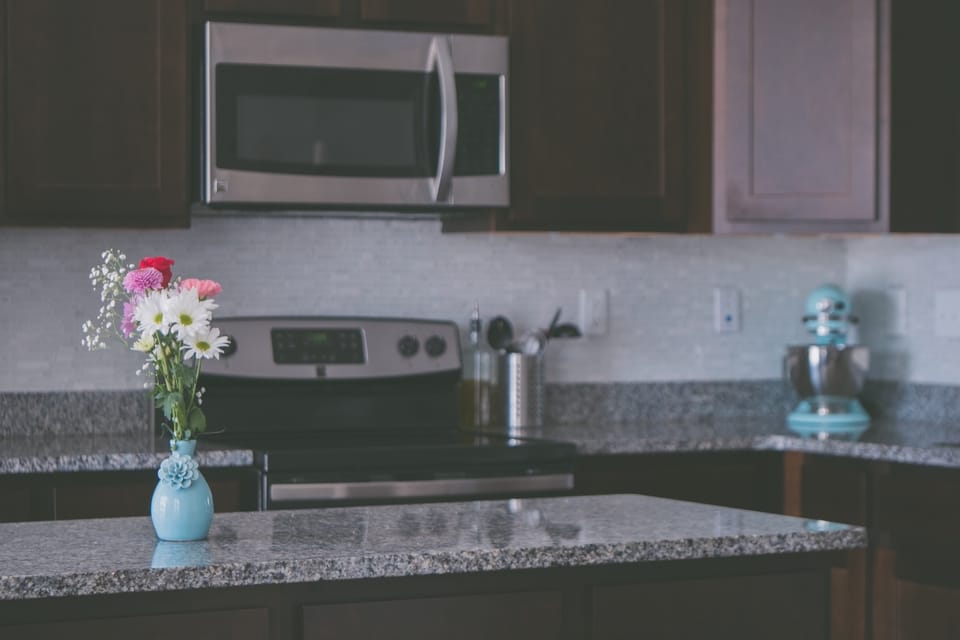 flower arrangement on a kitchen island